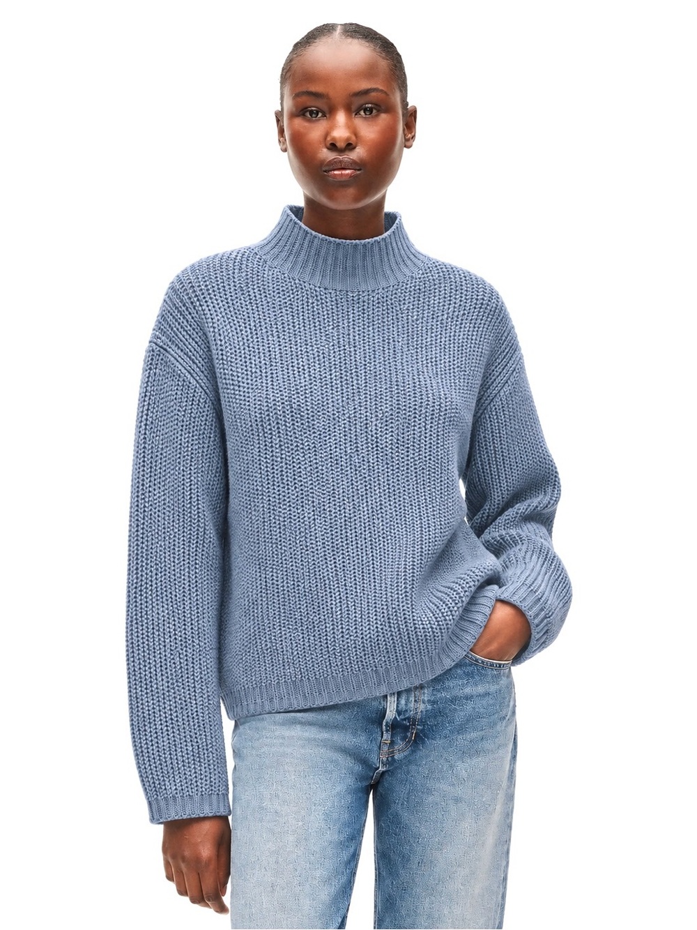 NWT J.Crew Factory light Blue Textured Knit MockNeck Cotton Blend Sweater M